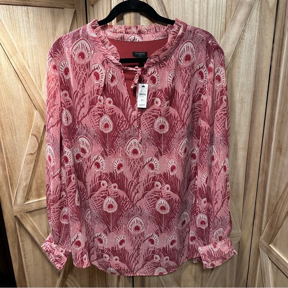 Talbots Pink Peony Print Long-Sleeve Blouse